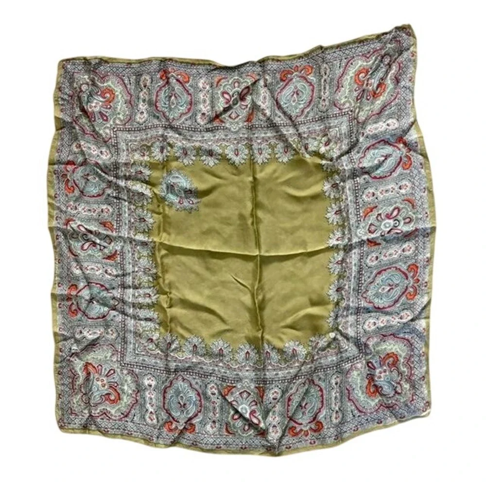 Vintage Paisley‎ Patterned Gold Green Scarf with Ornate Border